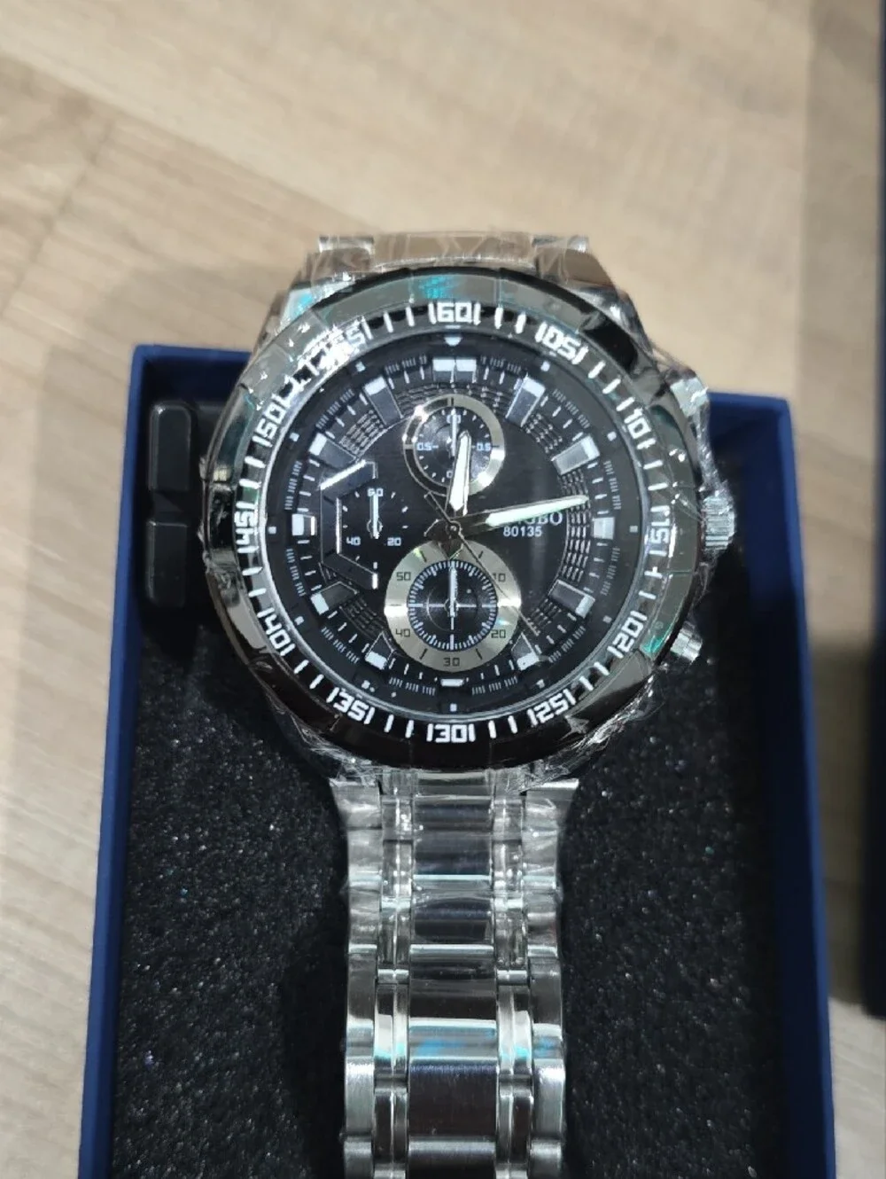 Men's Silver Stainless Steel Chronograph Watch - Black Dial